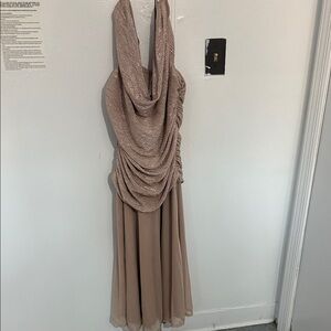 Elegant Beige Draped Long Sleeve Dress